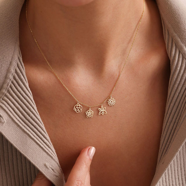 Picture of Custom Birth Flower Necklace - Personalized Necklaces w/ 1-5 Birth Month Flowers - Custom Stainless Steel Necklace - Nice Bridesmaid Gift