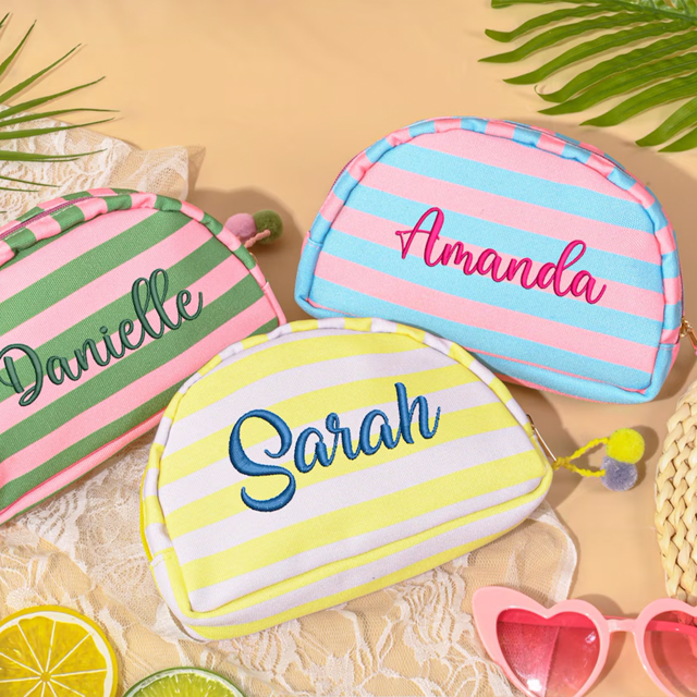 Picture of Custom embroidered striped pom-pom cosmetic bag - Personalized travel and business travel portable organizer