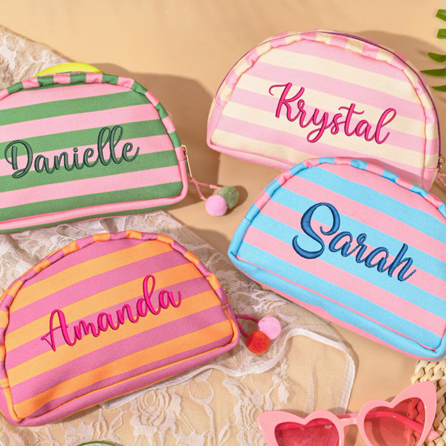 Picture of Custom embroidered striped pom-pom cosmetic bag - Personalized travel and business travel portable organizer
