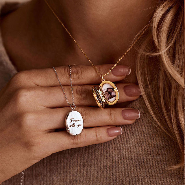 Picture of Personalized Photo Oval Locket Necklace - Custom Photo Locket Necklace with Engraving