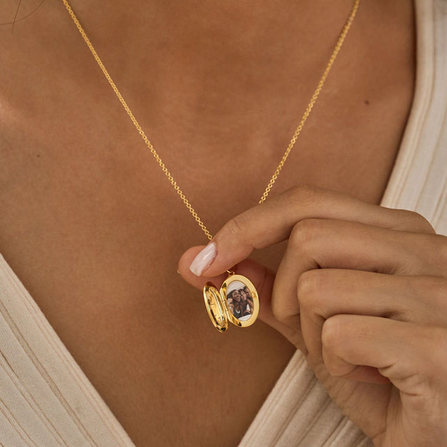 Picture of Personalized Photo Oval Locket Necklace - Custom Photo Locket Necklace with Engraving