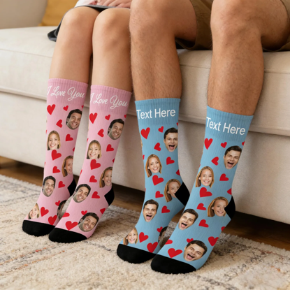 Picture of Custom Face Socks for Valentine's Day - Covered with Red Hearts with Custom Text - Gift for Couples