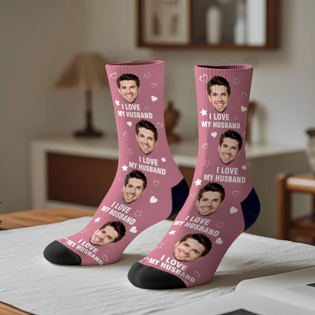 Picture of Custom Photo Face Socks for Couples - I Love MY Wife / Husband Sccks - Valentine's Day Gifts