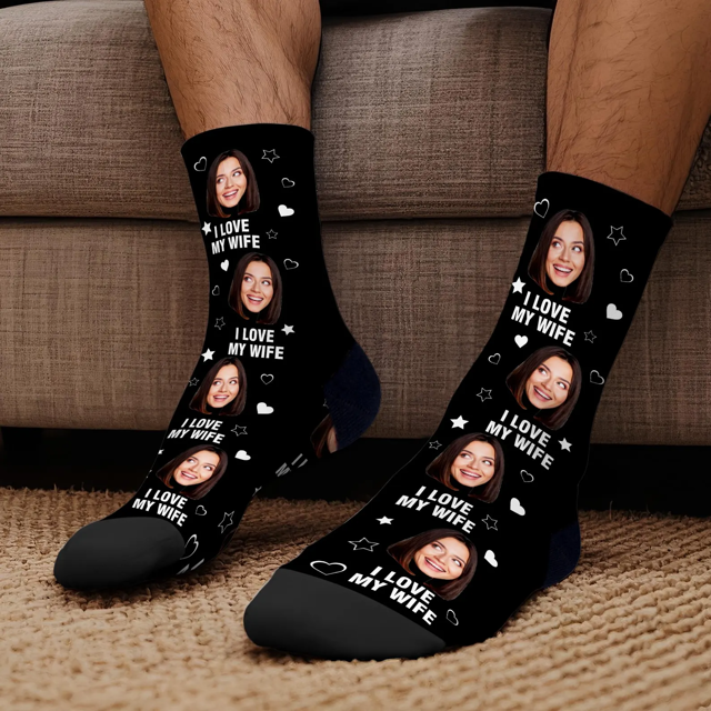 Picture of Custom Photo Face Socks for Couples - I Love MY Wife / Husband Sccks - Valentine's Day Gifts