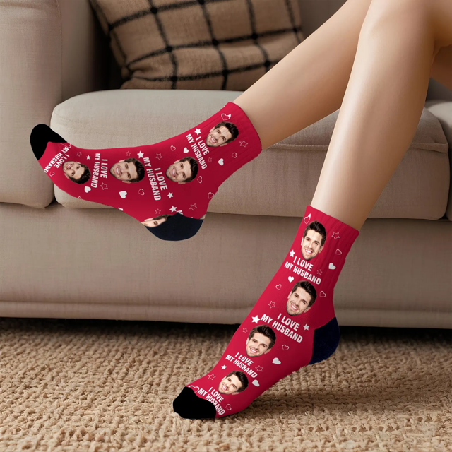 Picture of Custom Photo Face Socks for Couples - I Love MY Wife / Husband Sccks - Valentine's Day Gifts